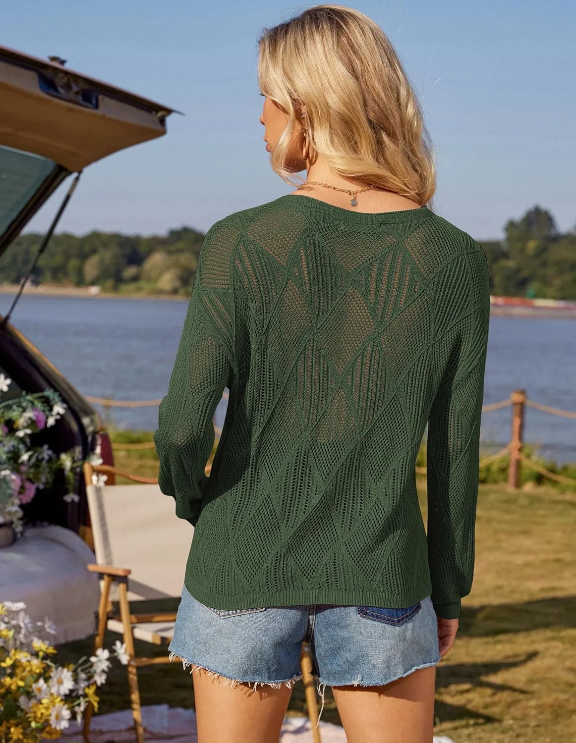 GRACE KARIN Women's 2025 Spring Summer Long Sleeve Crochet Pullover Sweater Hollow Out Knit Tops Off Shoulder T-Shirts