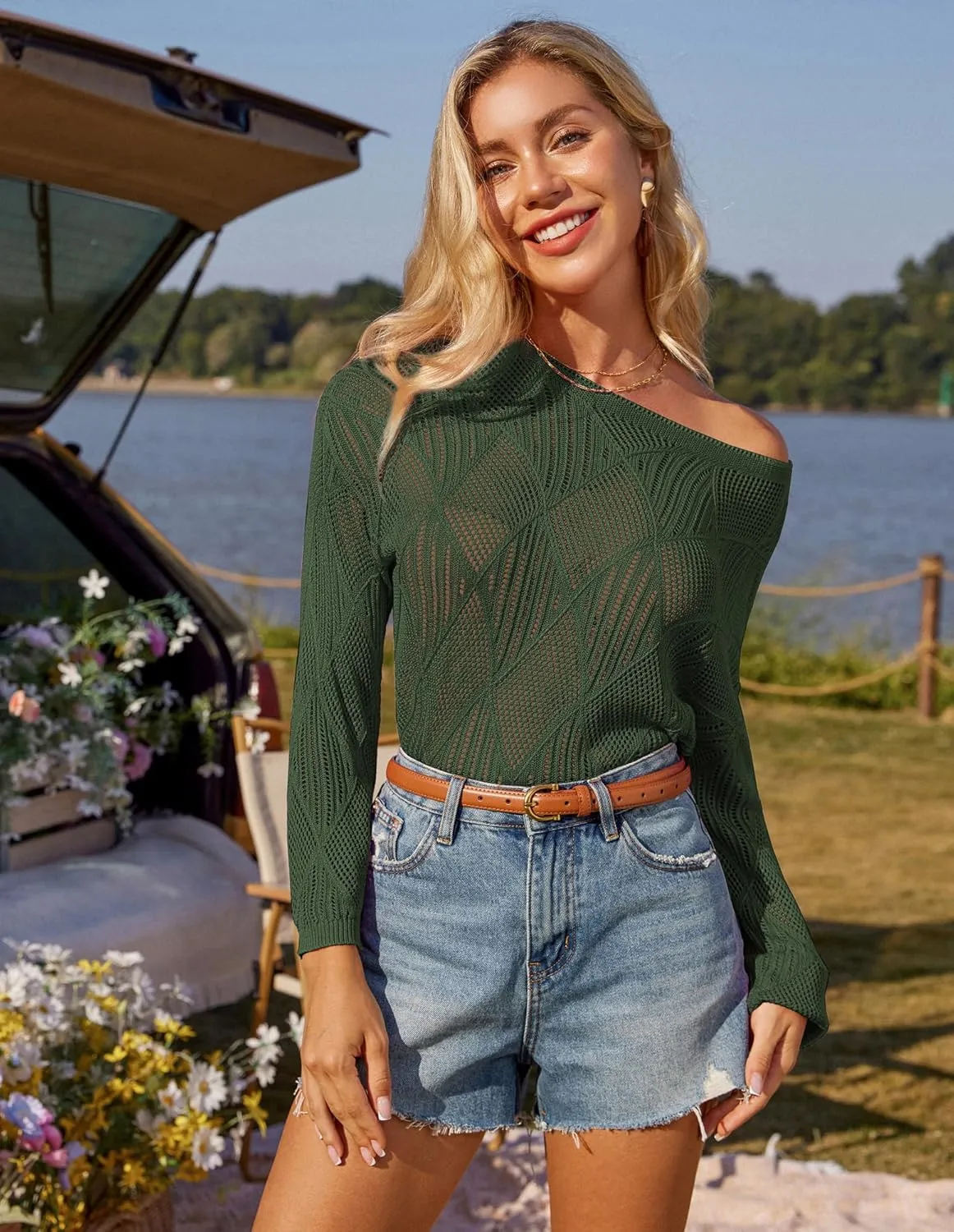 GRACE KARIN Women's 2025 Spring Summer Long Sleeve Crochet Pullover Sweater Hollow Out Knit Tops Off Shoulder T-Shirts