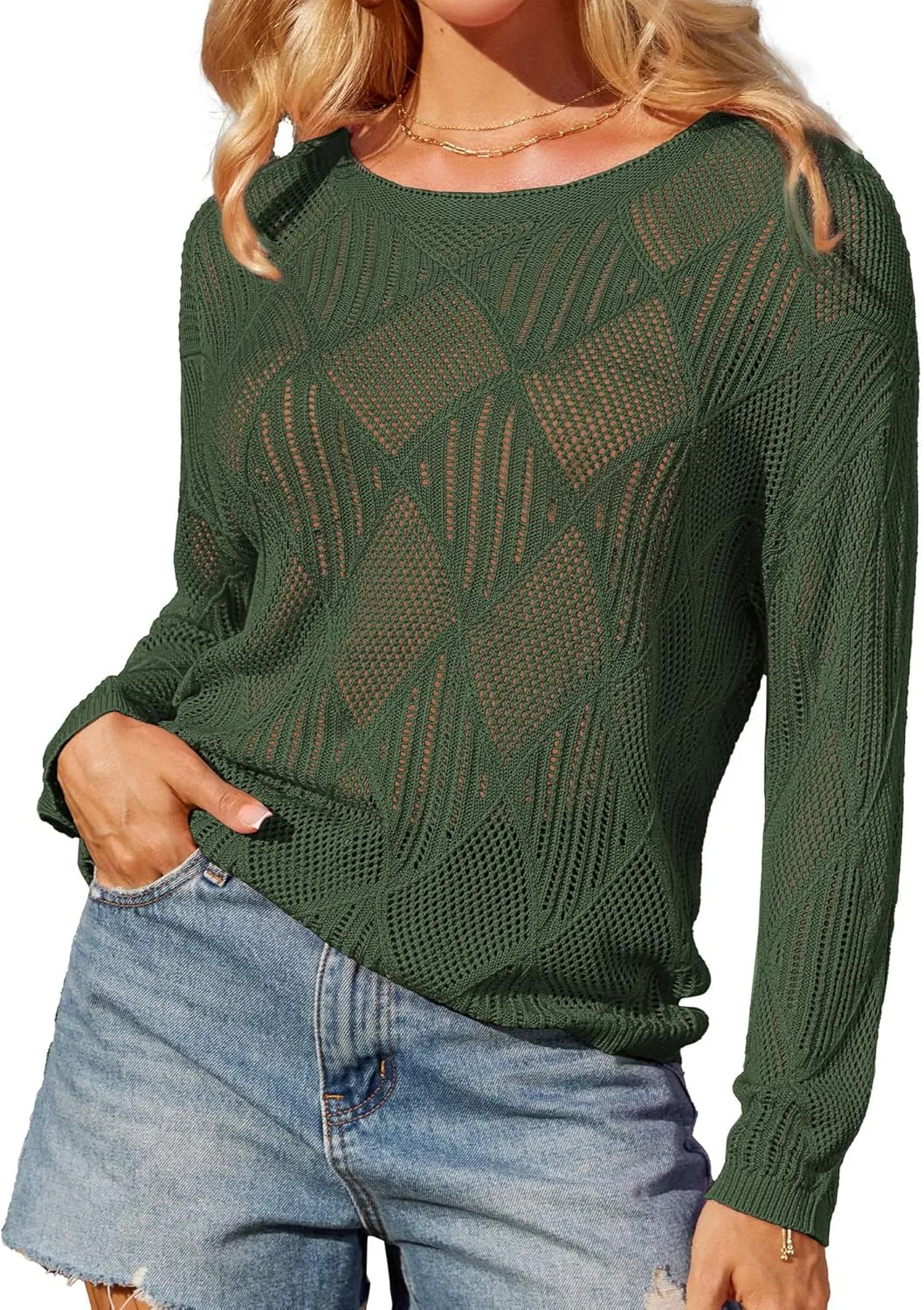 GRACE KARIN Women's 2025 Spring Summer Long Sleeve Crochet Pullover Sweater Hollow Out Knit Tops Off Shoulder T-Shirts