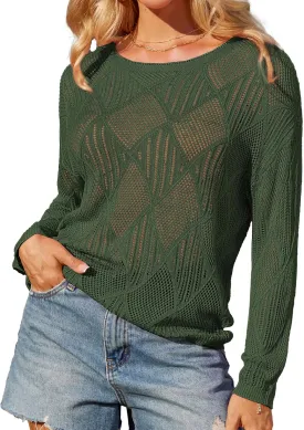 GRACE KARIN Women's 2025 Spring Summer Long Sleeve Crochet Pullover Sweater Hollow Out Knit Tops Off Shoulder T-Shirts