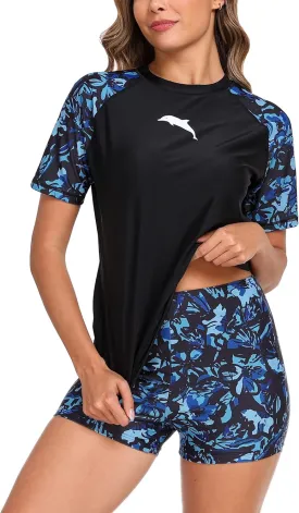 Halcurt Women Short Sleeve Two Piece Rash Guard Set UPF 50 Swim Shirt with Board Shorts