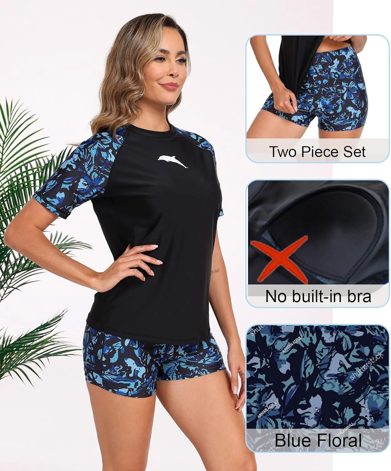 Halcurt Women Short Sleeve Two Piece Rash Guard Set UPF 50 Swim Shirt with Board Shorts