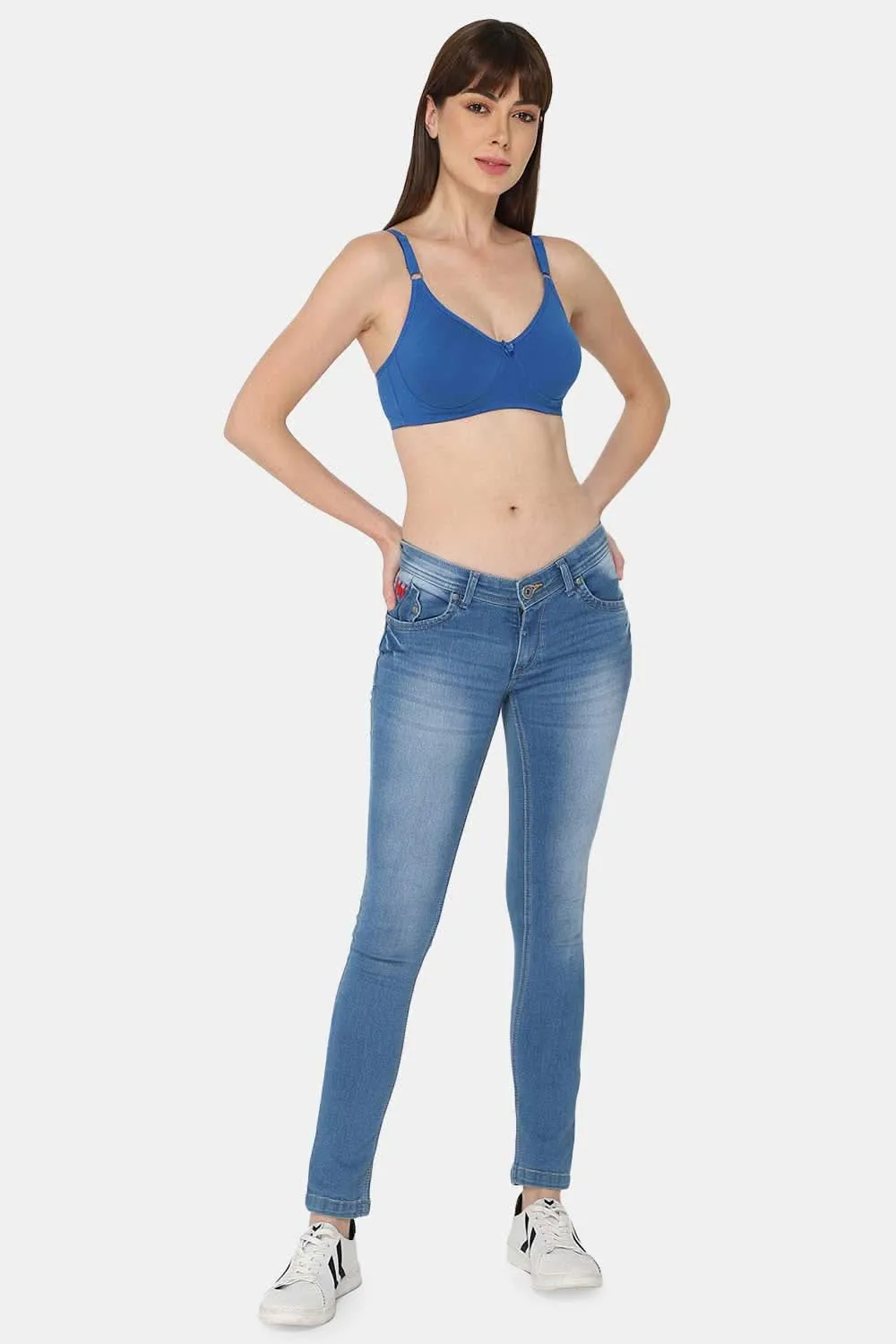 High Coverage Cotton Blend Non-Padded Non-Wired Intimacy T-Shirt Saree Bra - ES02 - Blue Shade