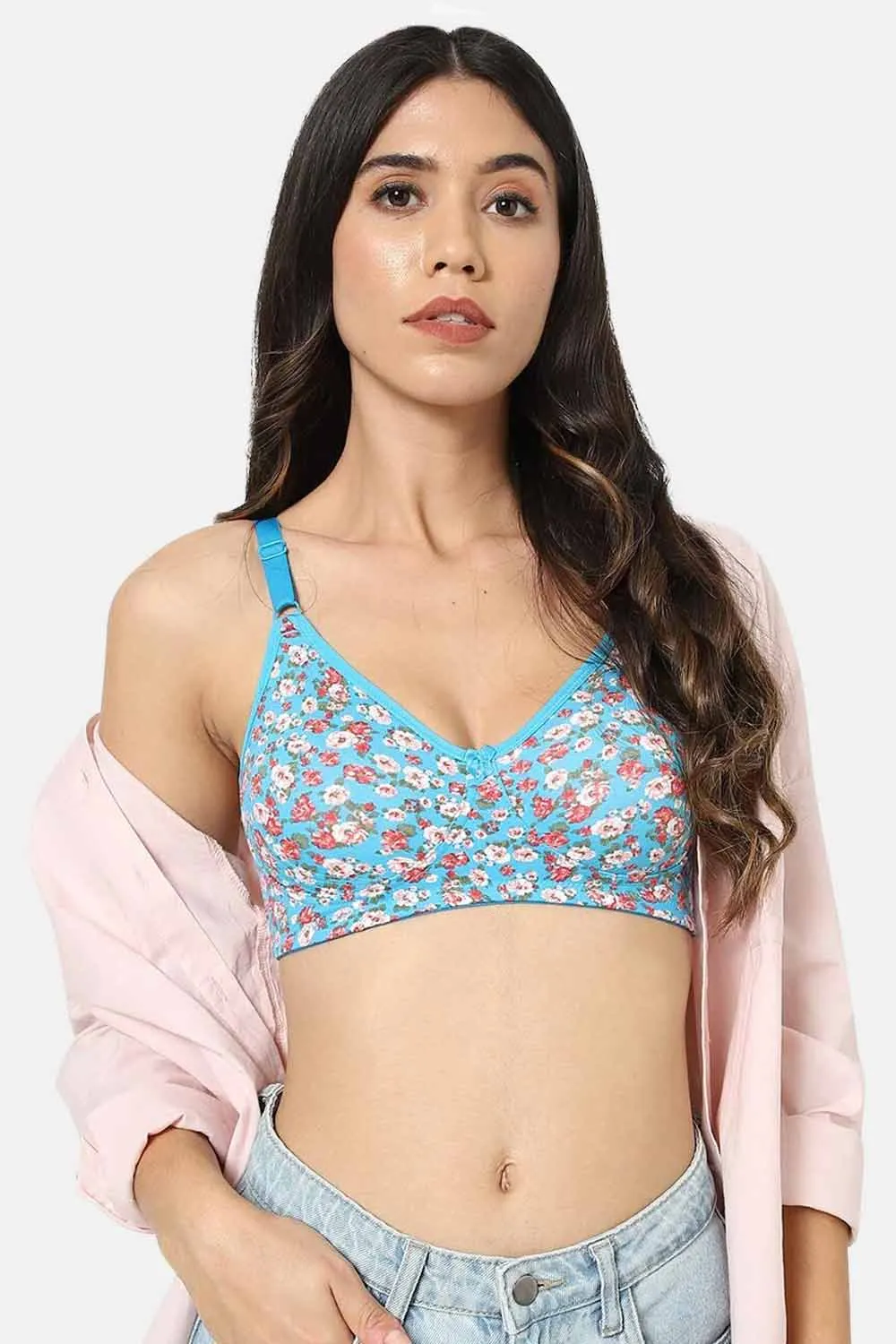 High Coverage Cotton Blend Non-Padded Non-Wired Intimacy T-Shirt Saree Bra - ES02 - Blue Shade