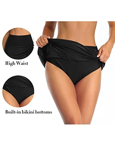 High Waisted Drawstring Tummy Control Swim Skirt For Women-Black