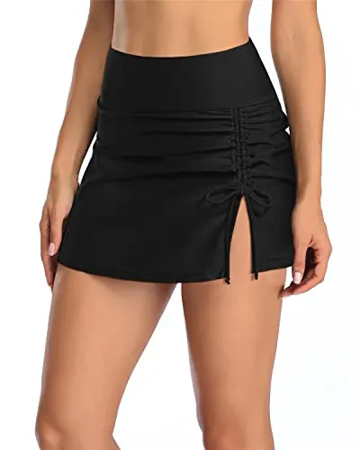 High Waisted Drawstring Tummy Control Swim Skirt For Women-Black