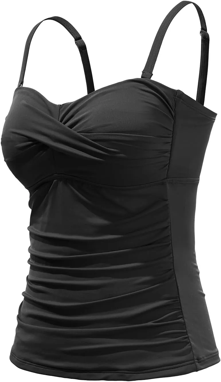 Holipick Tankini Top for Women Twist Front Bandeau Swimsuit Tummy Control Bathing Suit Top Only No Bottom