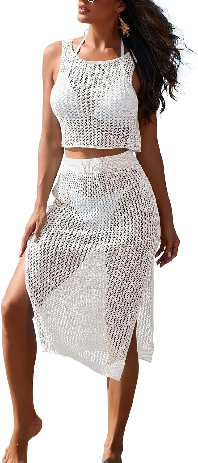 HUUSA Women's 2 Piece Crochet Swimsuit Coverups Hollow Out Bikini Bathing Suit Cover Up Swimwear Mesh Beach Slit Skirt Set