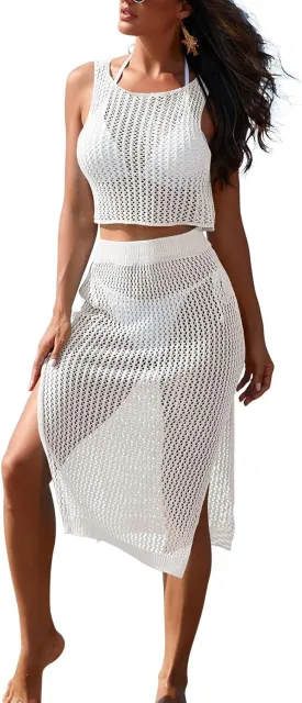 HUUSA Women's 2 Piece Crochet Swimsuit Coverups Hollow Out Bikini Bathing Suit Cover Up Swimwear Mesh Beach Slit Skirt Set