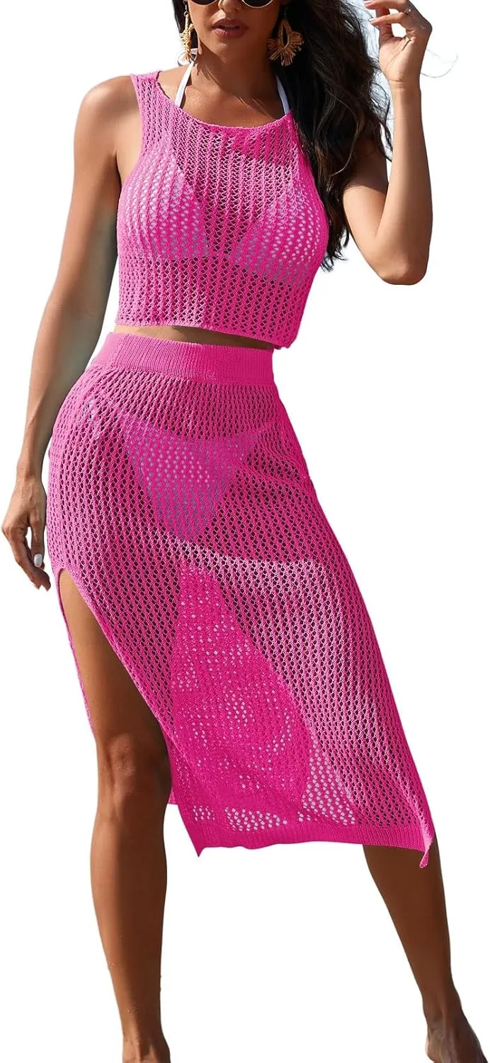 HUUSA Women's 2 Piece Crochet Swimsuit Coverups Hollow Out Bikini Bathing Suit Cover Up Swimwear Mesh Beach Slit Skirt Set