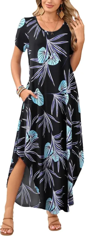 JollieLovin Womens Plus Size Casual Summer Maxi Dress Short Sleeve Crew Neck T-Shirt Loose Beach Sundress