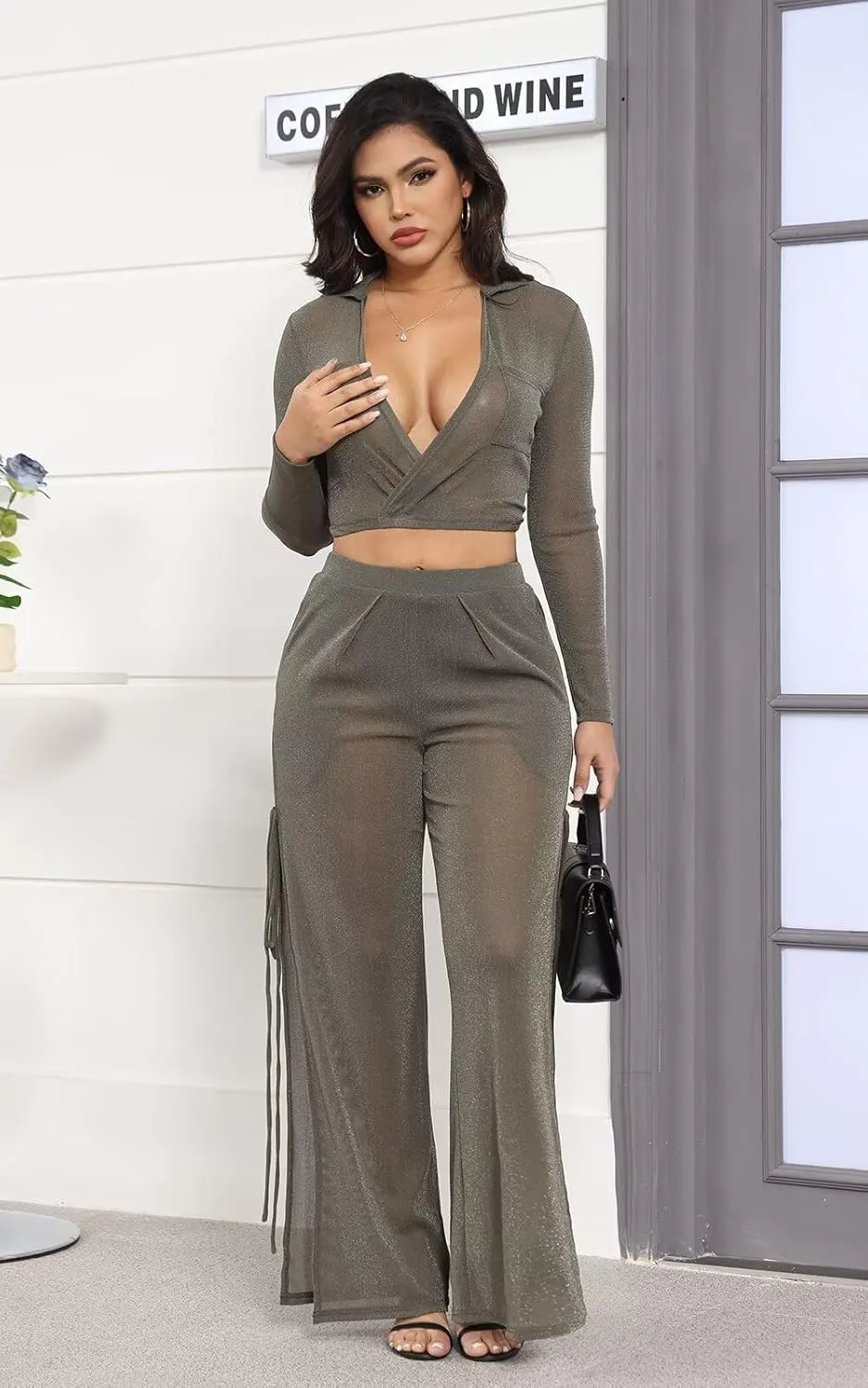 Kafiloe Women Sexy 2 Piece Outfits Clubwear Glitter See Through Long Sleeve Crop Top Side Slit Wide Leg Pants Set