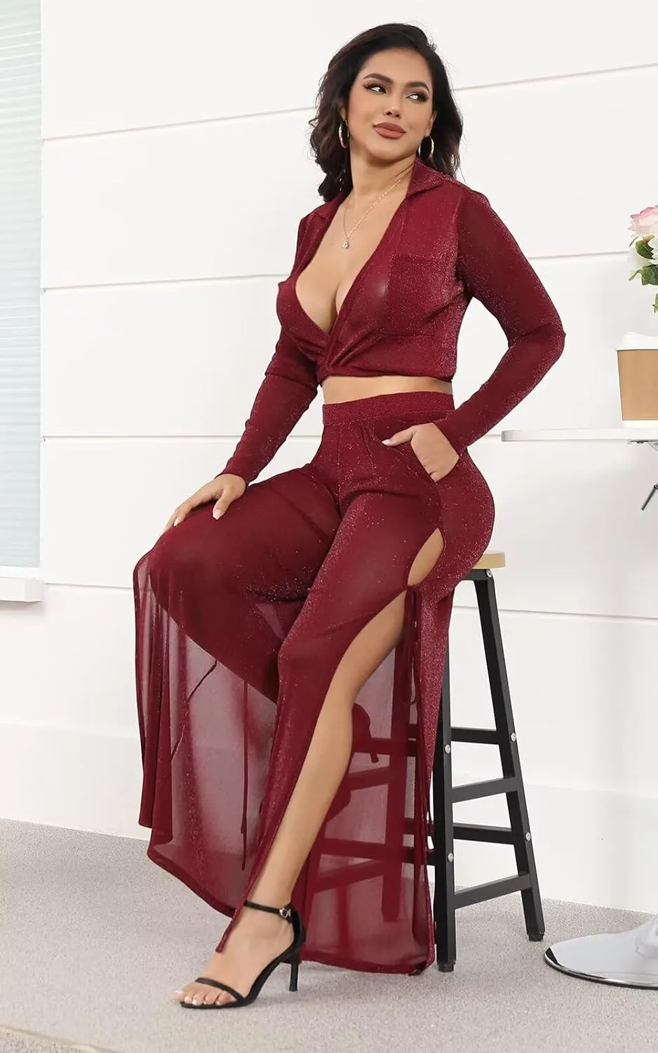 Kafiloe Women Sexy 2 Piece Outfits Clubwear Glitter See Through Long Sleeve Crop Top Side Slit Wide Leg Pants Set