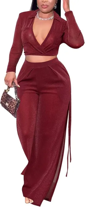 Kafiloe Women Sexy 2 Piece Outfits Clubwear Glitter See Through Long Sleeve Crop Top Side Slit Wide Leg Pants Set
