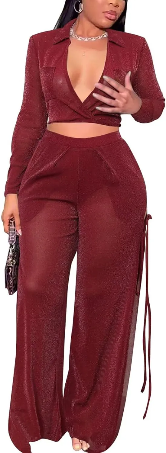 Kafiloe Women Sexy 2 Piece Outfits Clubwear Glitter See Through Long Sleeve Crop Top Side Slit Wide Leg Pants Set