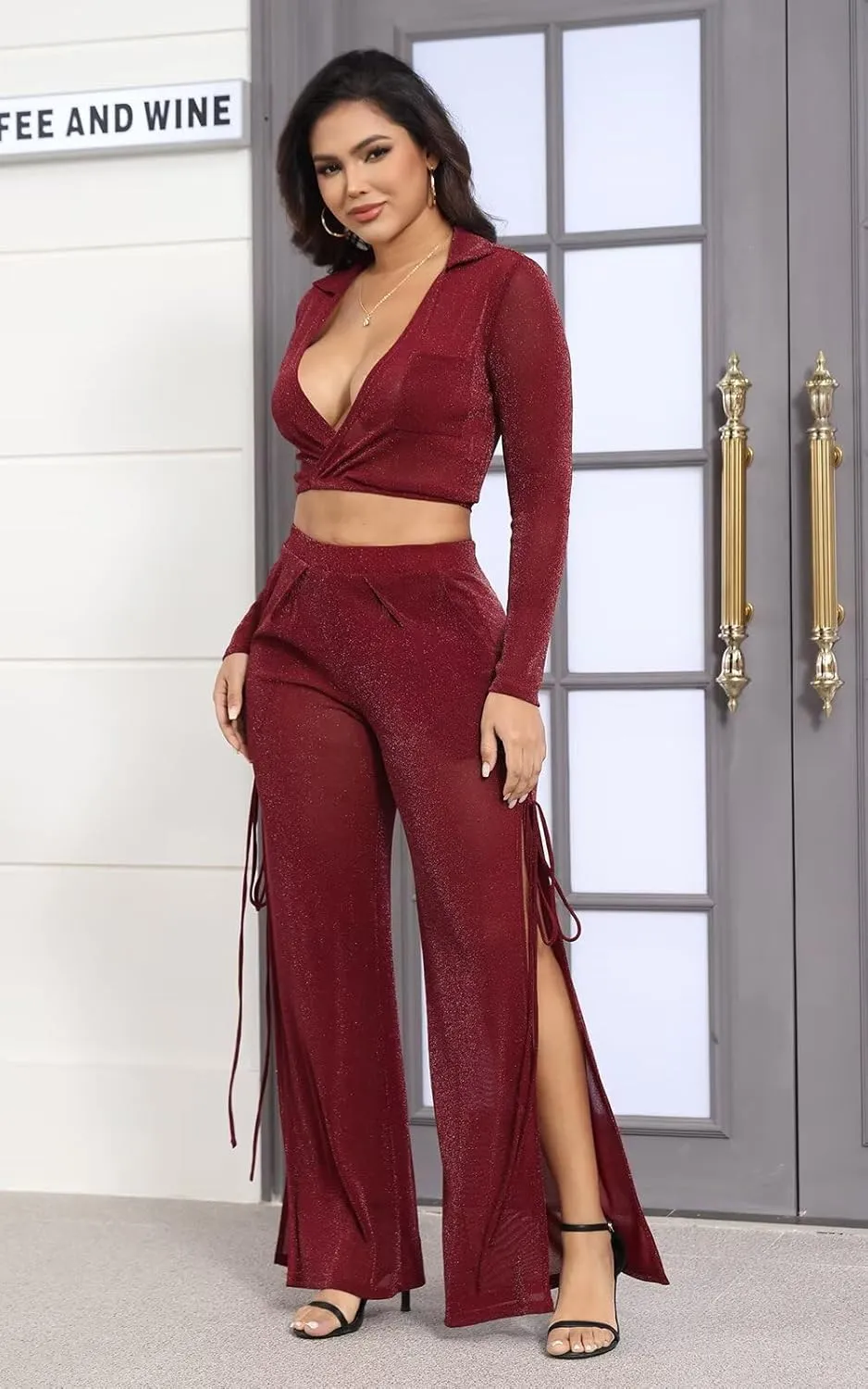 Kafiloe Women Sexy 2 Piece Outfits Clubwear Glitter See Through Long Sleeve Crop Top Side Slit Wide Leg Pants Set