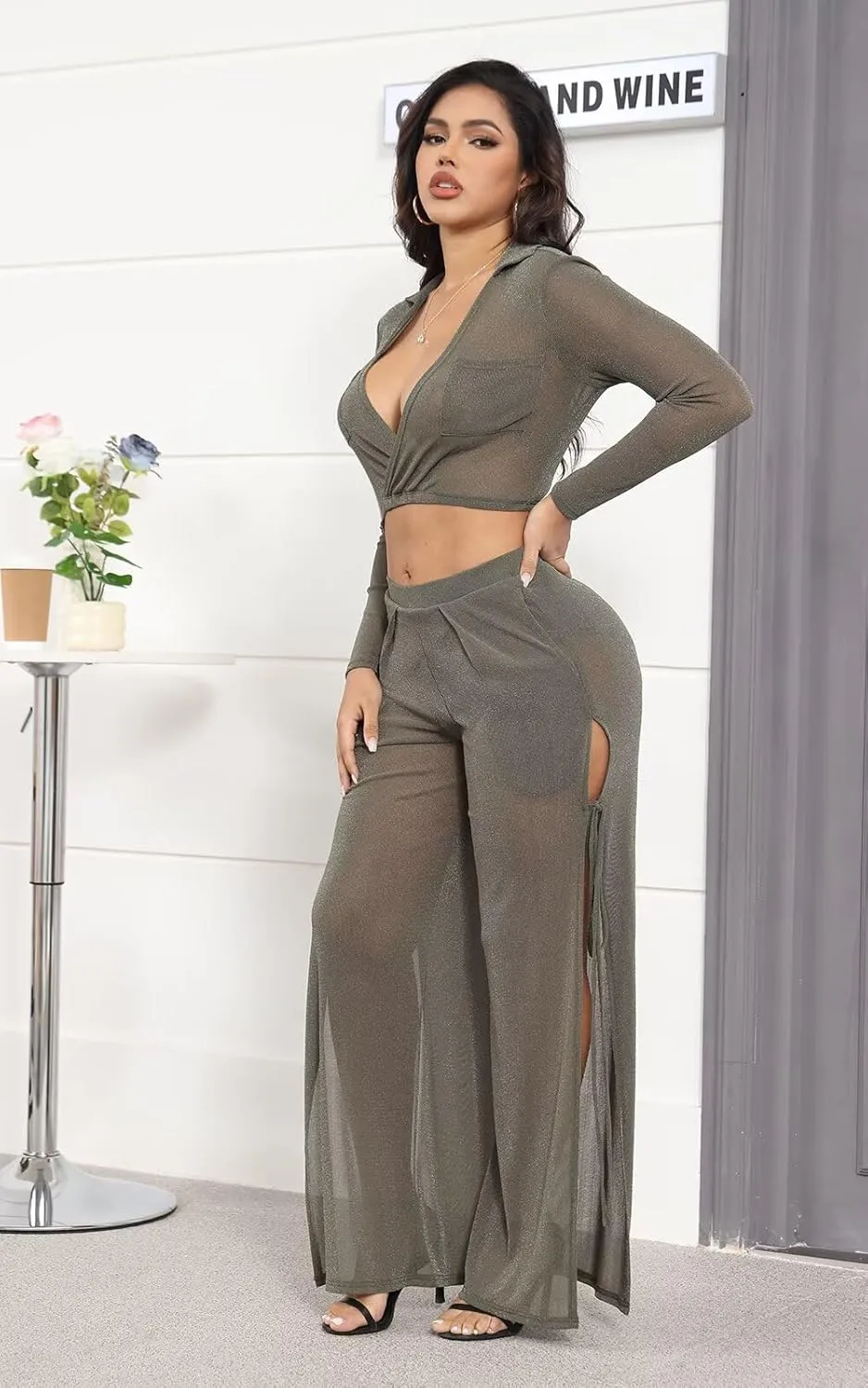 Kafiloe Women Sexy 2 Piece Outfits Clubwear Glitter See Through Long Sleeve Crop Top Side Slit Wide Leg Pants Set