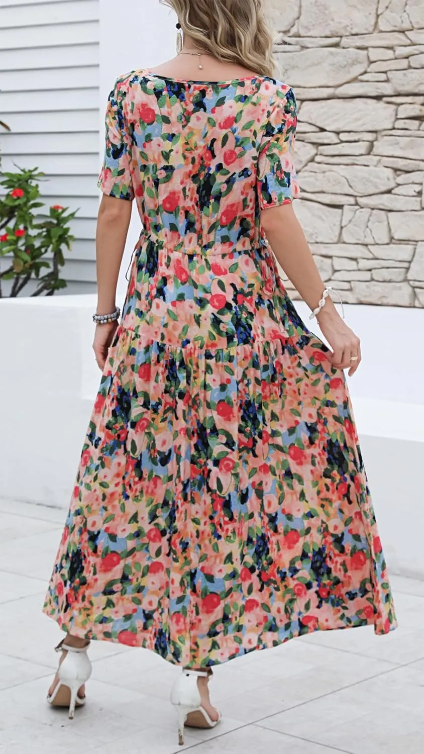Kormei Women Casual Short Sleeve Loose Drawstring Bohemian Floral Dress Summer Beach Swing Long Maxi Dresses