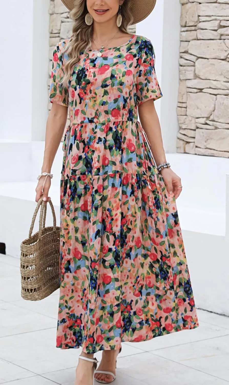 Kormei Women Casual Short Sleeve Loose Drawstring Bohemian Floral Dress Summer Beach Swing Long Maxi Dresses