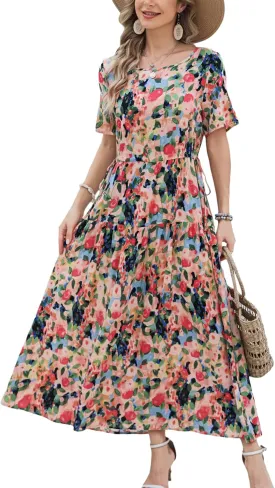Kormei Women Casual Short Sleeve Loose Drawstring Bohemian Floral Dress Summer Beach Swing Long Maxi Dresses