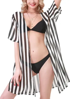 LA CARRIE Women's Printed Chiffon Kimono Cardigan Cover Up with Half Sleeve Summer Sheer Beachwear Swimsuit for Bikini