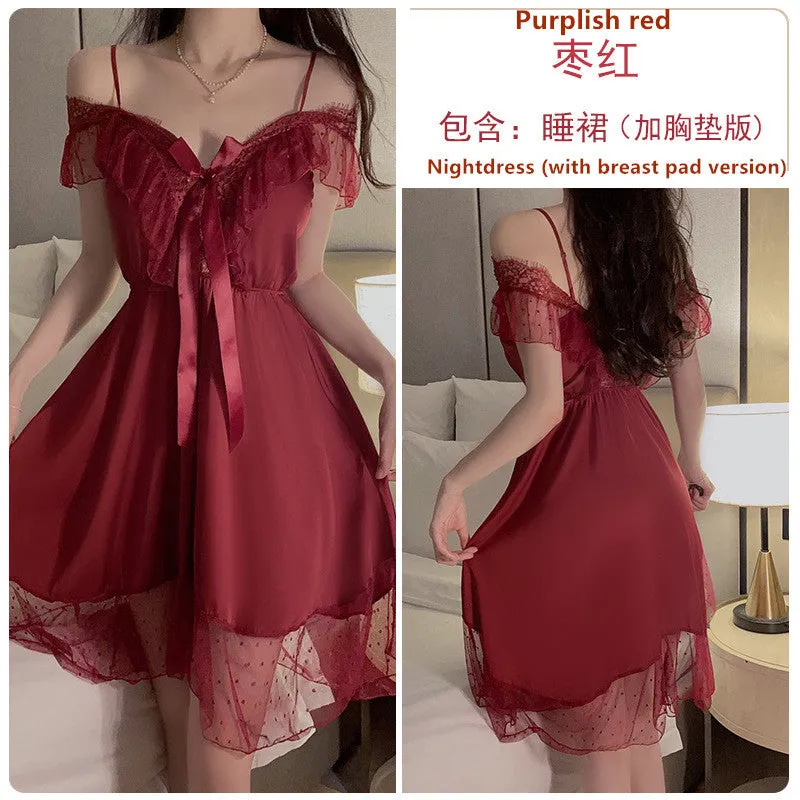 Lace Deep V-Neck Nightgown Dress 2535