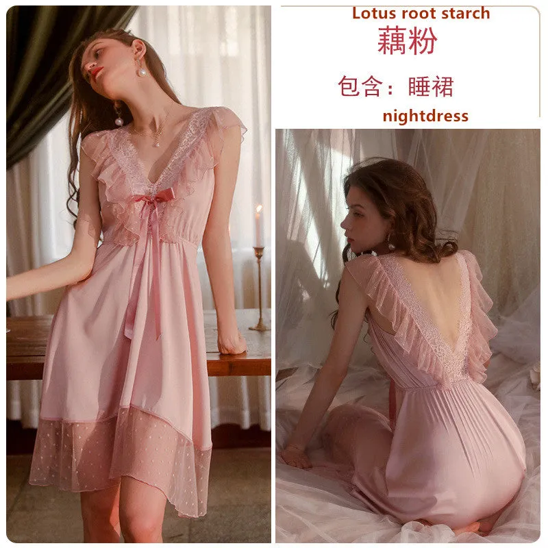 Lace Deep V-Neck Nightgown Dress 2535