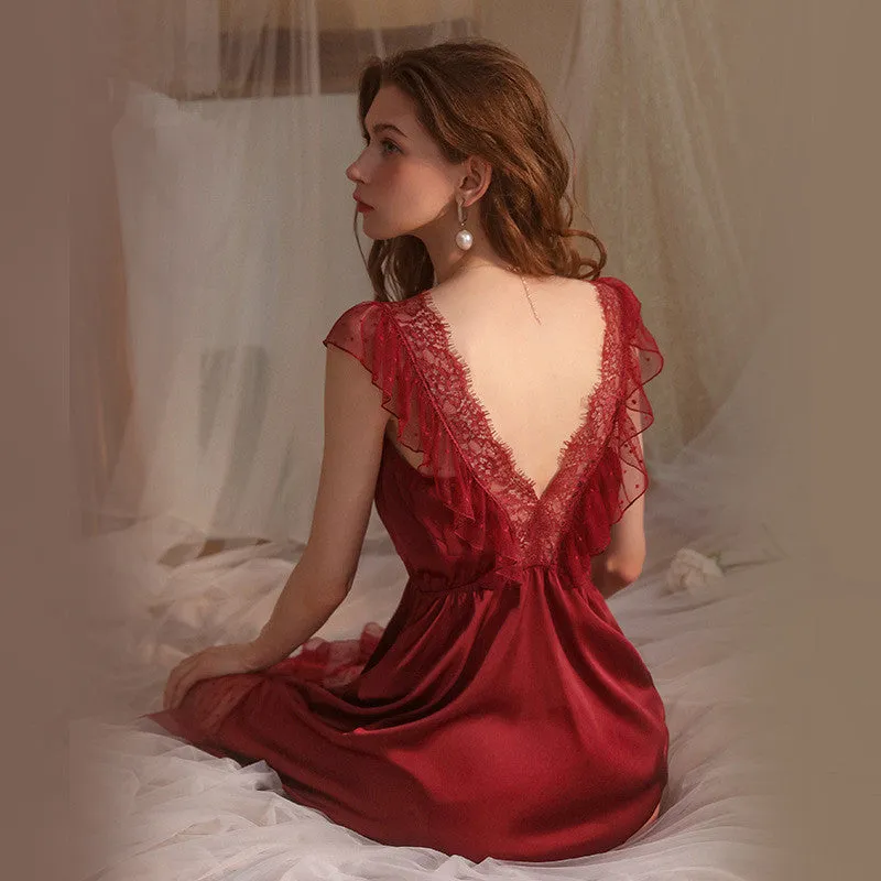 Lace Deep V-Neck Nightgown Dress 2535