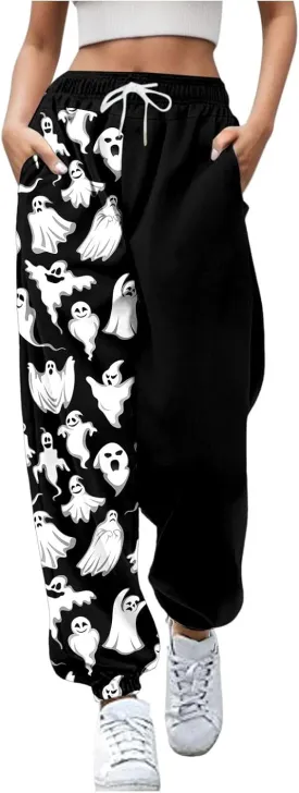 Ladies Halloween Cute Print Pants Workout High Waisted Yoga Pants with Casual Elastic Waist Drawstring with Pockets