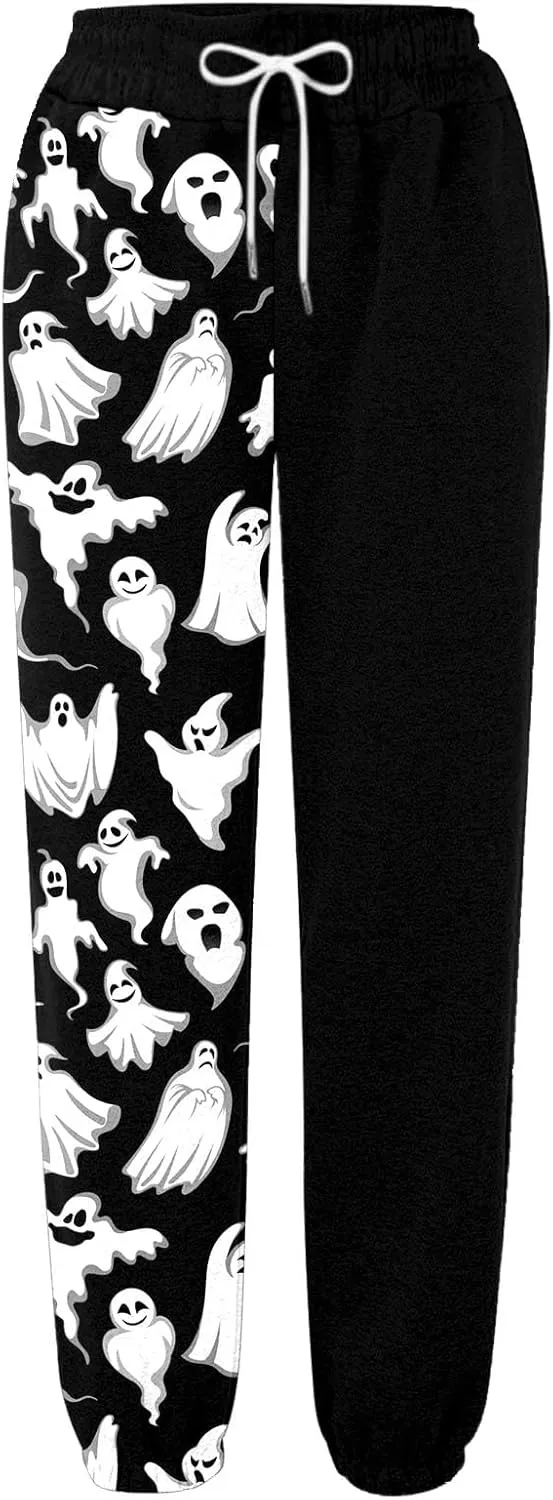 Ladies Halloween Cute Print Pants Workout High Waisted Yoga Pants with Casual Elastic Waist Drawstring with Pockets