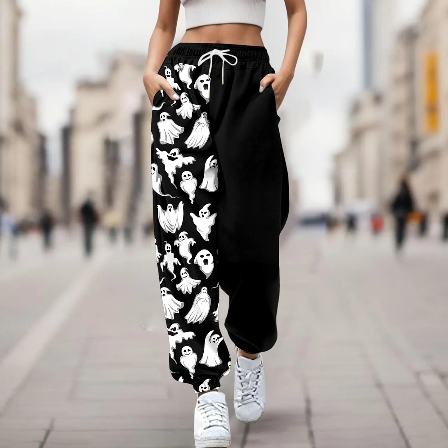 Ladies Halloween Cute Print Pants Workout High Waisted Yoga Pants with Casual Elastic Waist Drawstring with Pockets