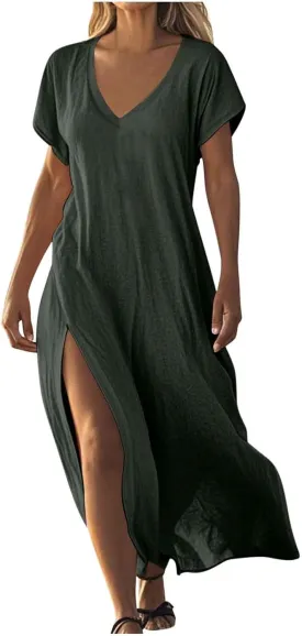 Linen Dresses for Women 2025 V Neck Short Sleeve Summer Dress Casual Loose Flowy Swing Shift Split Dress with Pockets
