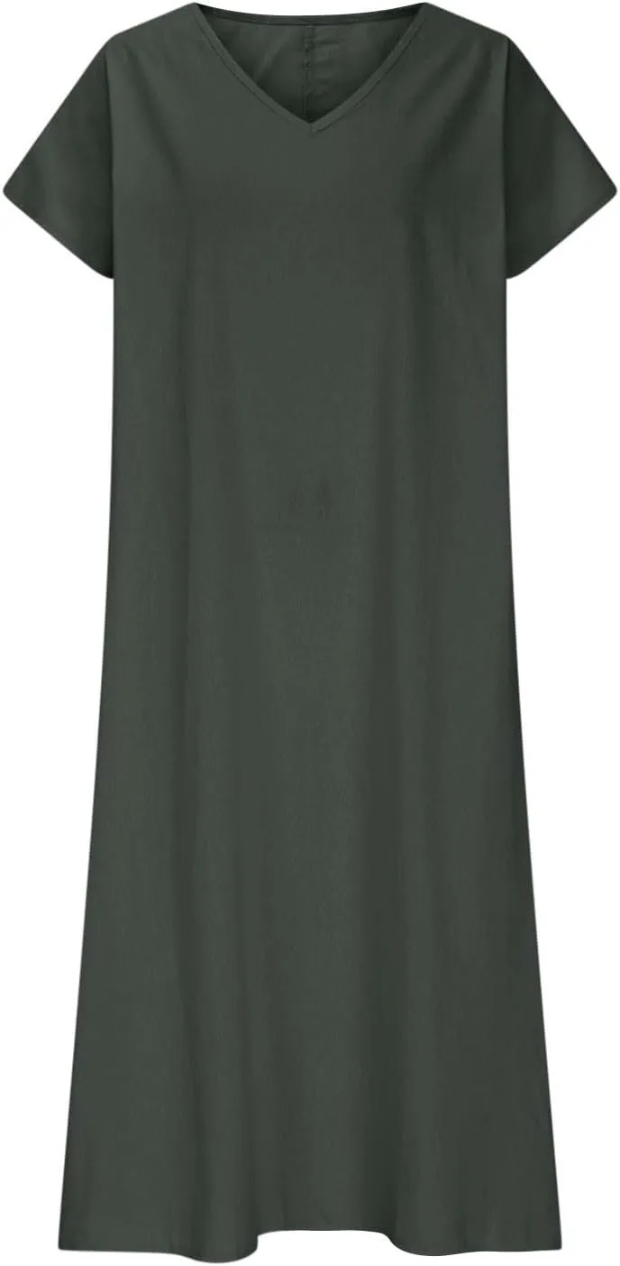 Linen Dresses for Women 2025 V Neck Short Sleeve Summer Dress Casual Loose Flowy Swing Shift Split Dress with Pockets