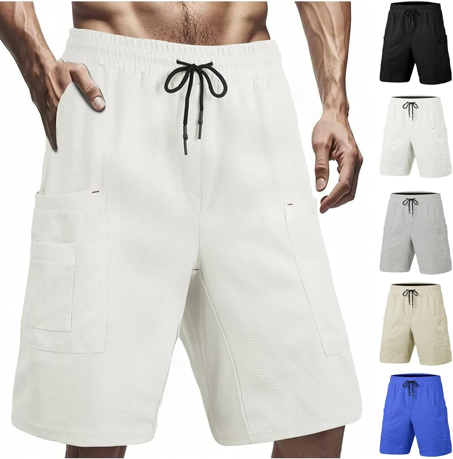 Mens Casual Waffle Shorts Textured Knit Athletic Tennis Workout Sweat Shorts Elastic Waist Summer Beach Short Pants