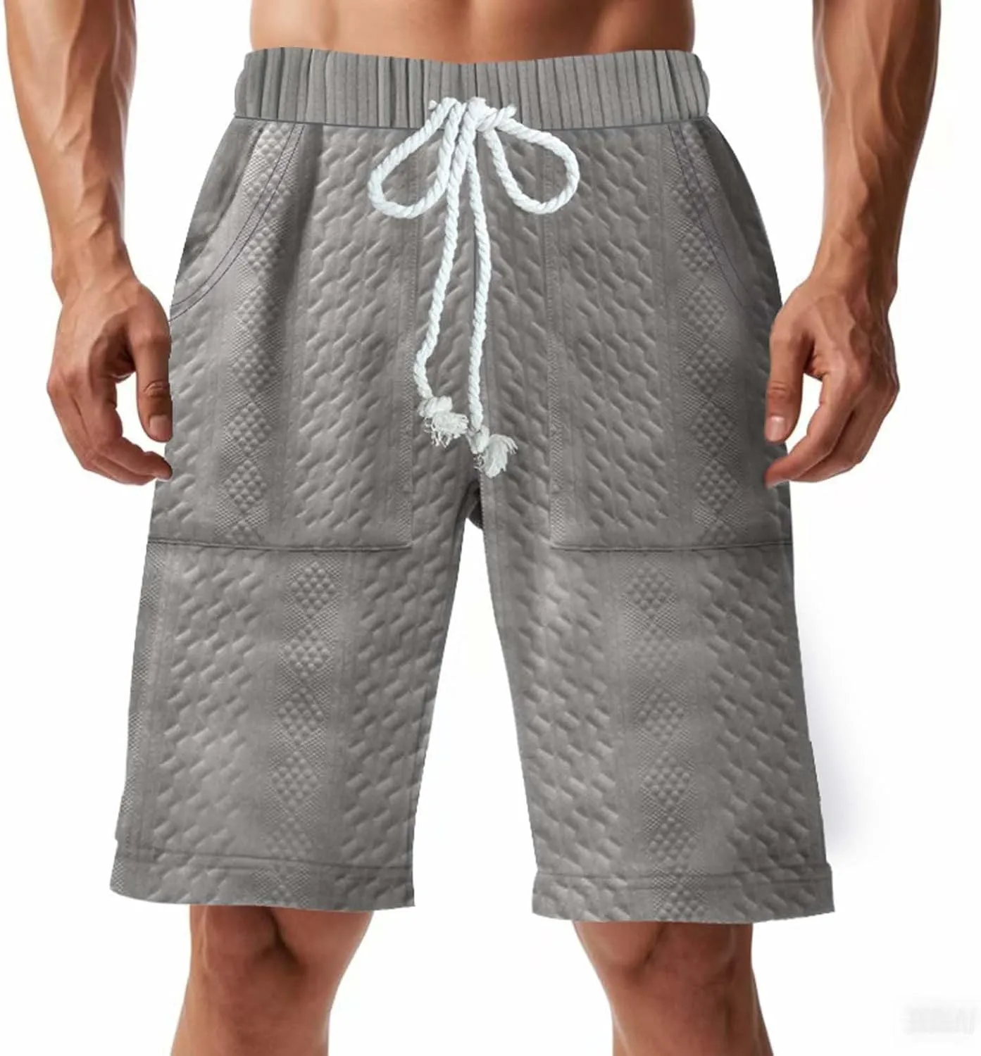 Men's Jacquard Print Bermuda Shorts, Solid Casual Summer Sports Clothes Loose Comfy Wide Leg Short Pants with Pockets