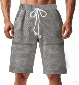 Men's Jacquard Print Bermuda Shorts, Solid Casual Summer Sports Clothes Loose Comfy Wide Leg Short Pants with Pockets