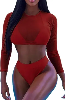 Meyeeka Womens Sexy High Waist Rash Guard Swimwear Long Sleeve 3PCS Swimsuit
