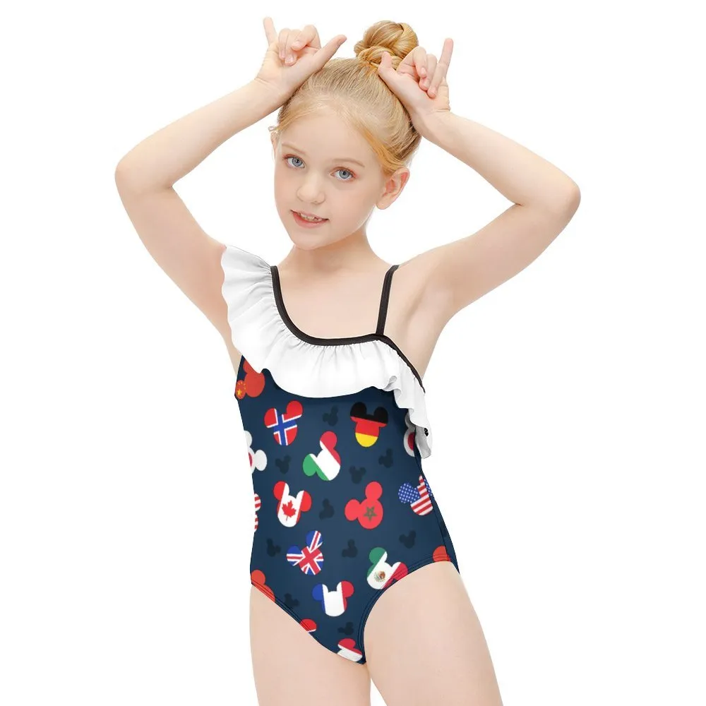 Mickey Flags Girls Flounce One-Piece Swimsuit