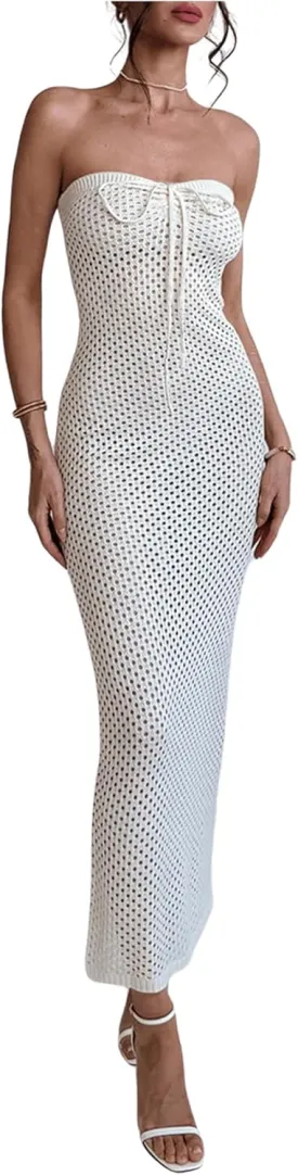 Milumia Women's Crochet Knit Beach Long Dress Strapless Bathing Suit Swim Cover Ups Dresses