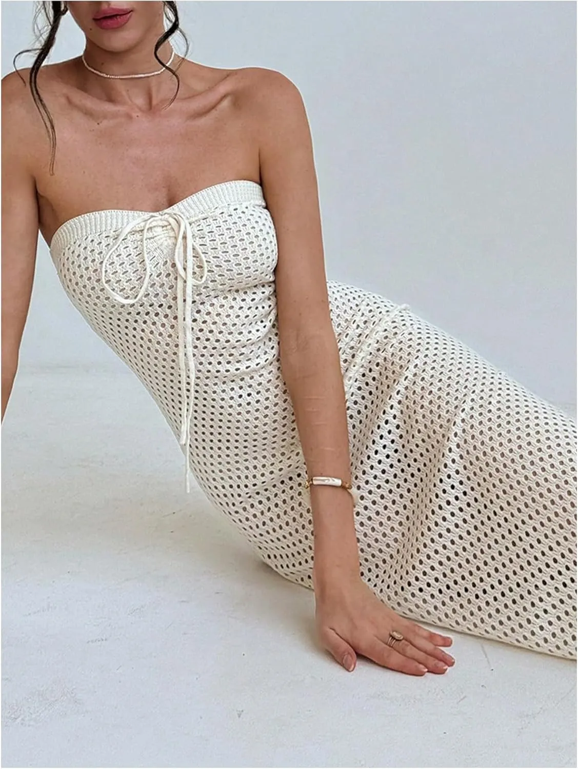 Milumia Women's Crochet Knit Beach Long Dress Strapless Bathing Suit Swim Cover Ups Dresses