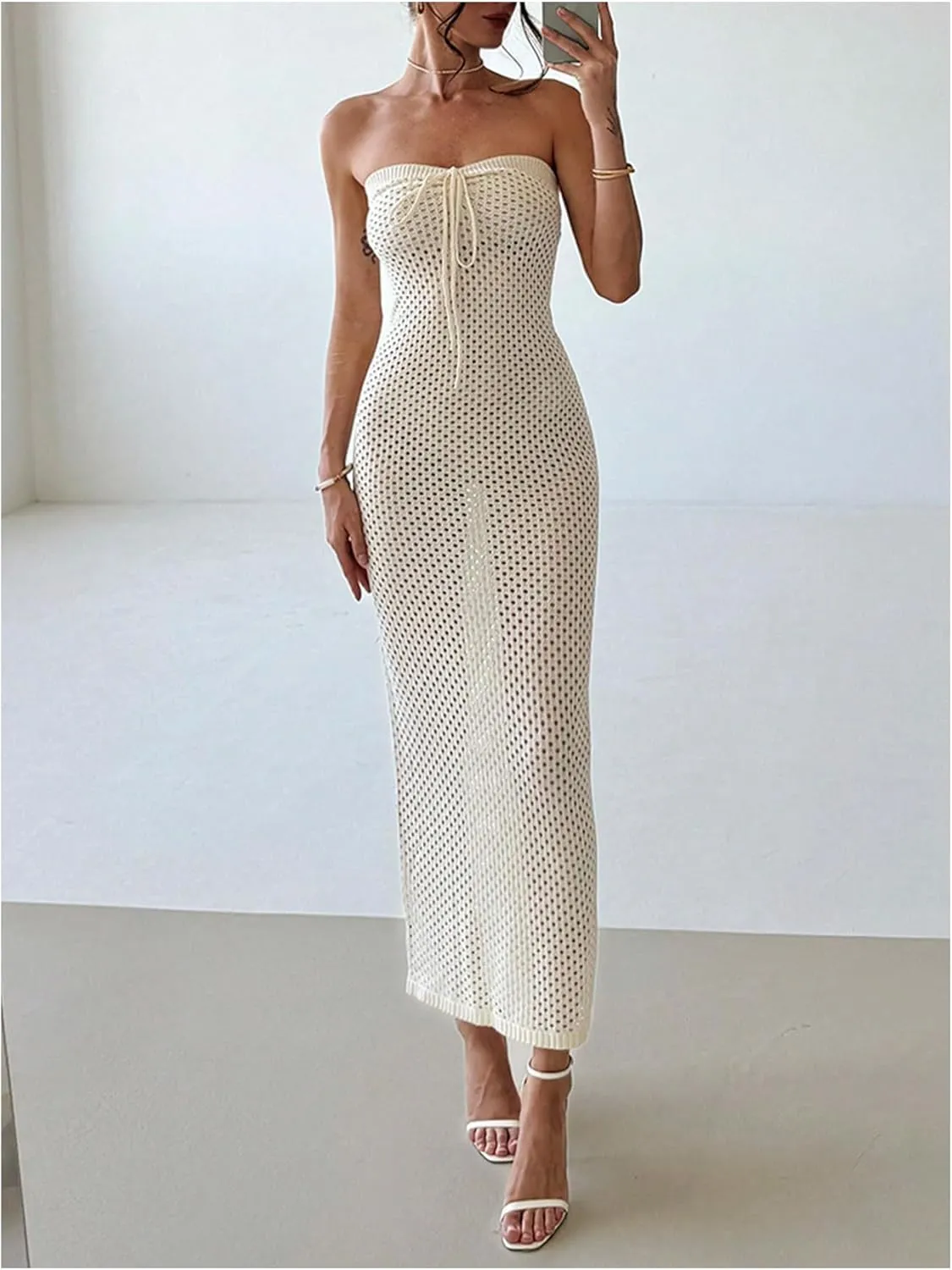 Milumia Women's Crochet Knit Beach Long Dress Strapless Bathing Suit Swim Cover Ups Dresses
