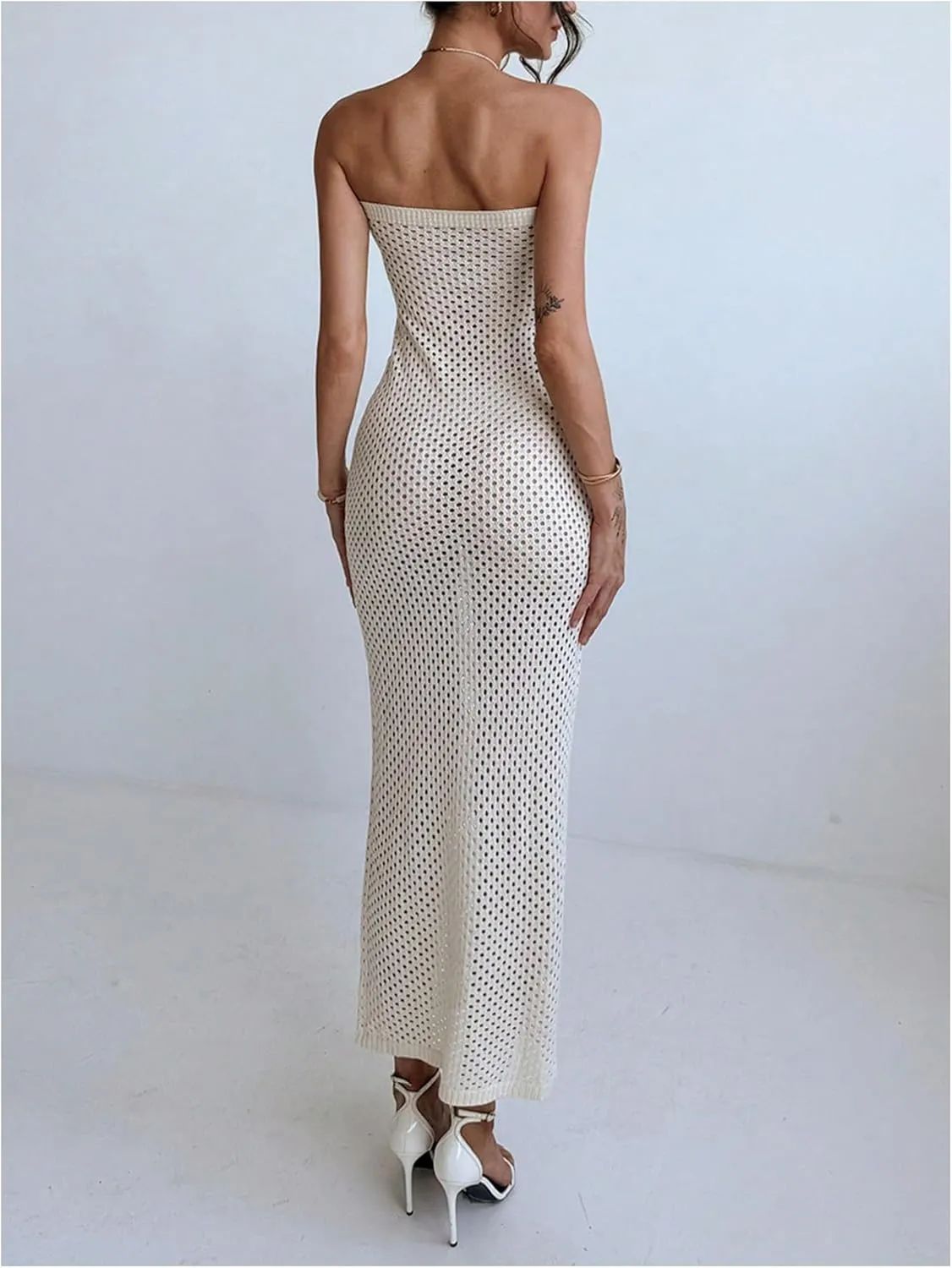 Milumia Women's Crochet Knit Beach Long Dress Strapless Bathing Suit Swim Cover Ups Dresses