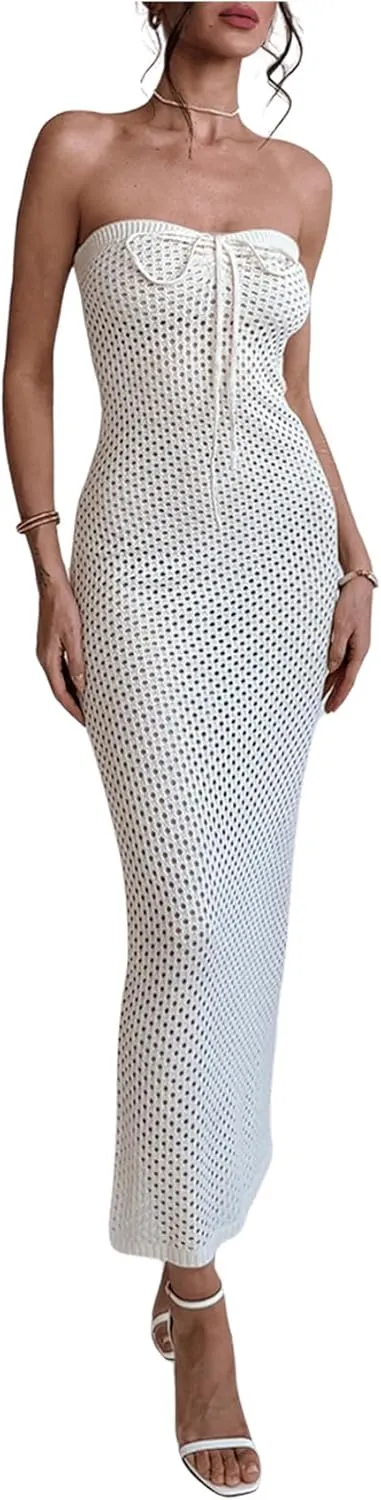Milumia Women's Crochet Knit Beach Long Dress Strapless Bathing Suit Swim Cover Ups Dresses