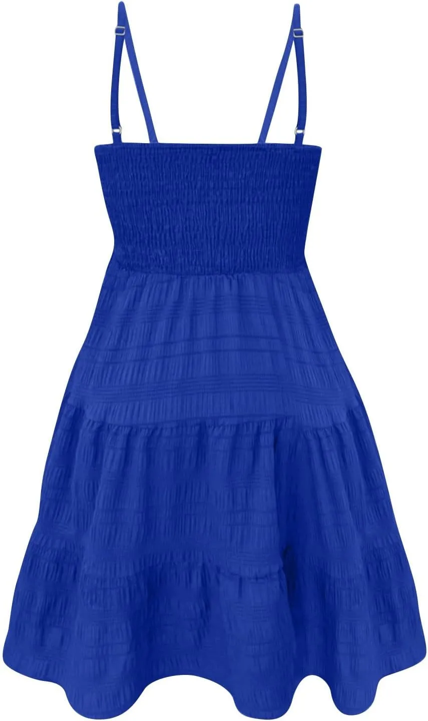 Mini Sundresses for Women Smocked Square Neck Spaghetti Strap Skater Dress Summer Loose Comfy Tiered Ruffle Dress