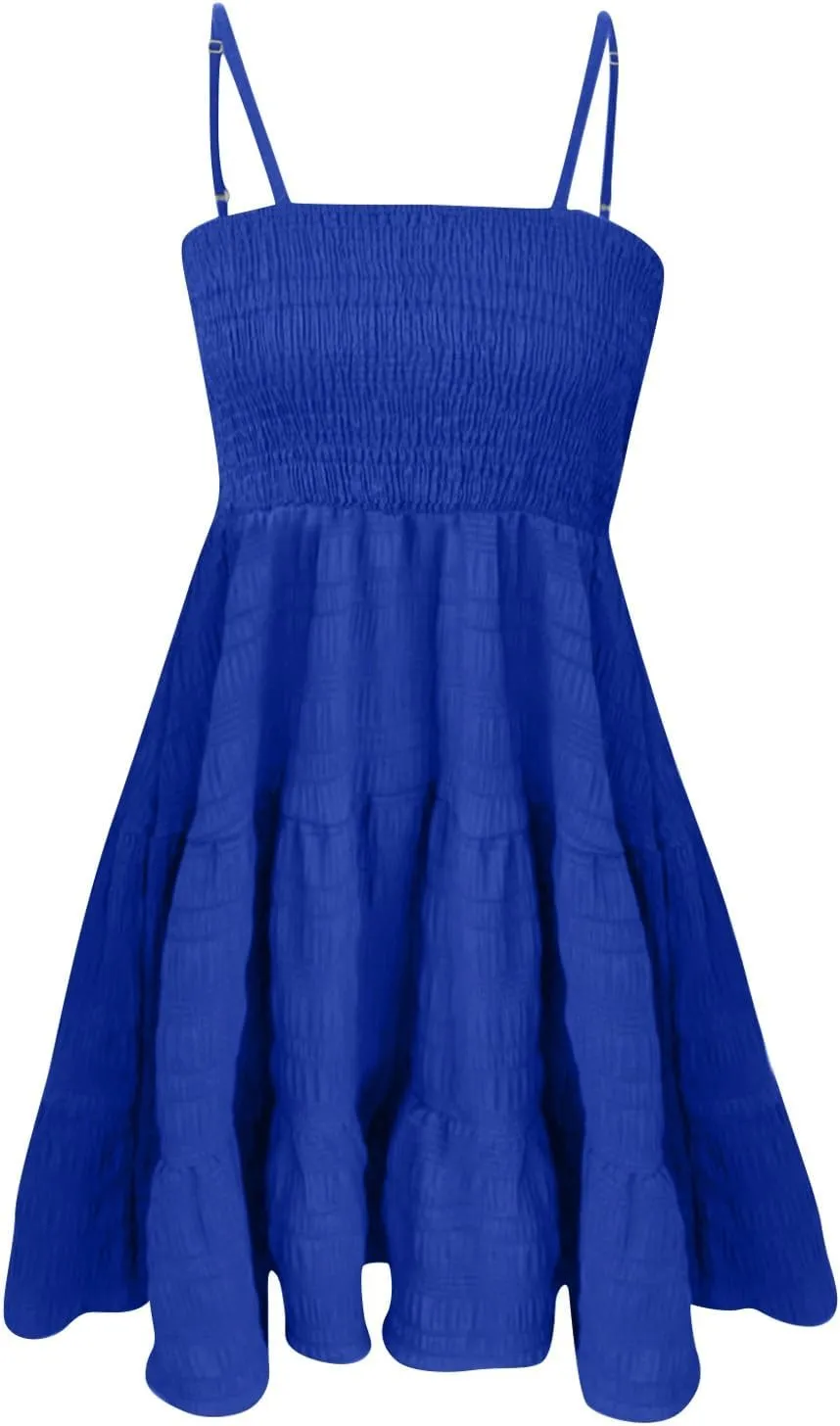 Mini Sundresses for Women Smocked Square Neck Spaghetti Strap Skater Dress Summer Loose Comfy Tiered Ruffle Dress