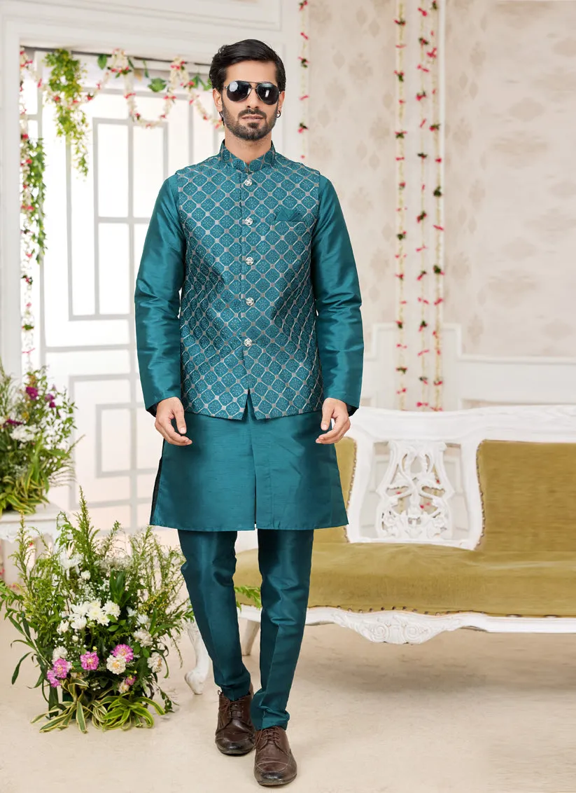 Morpich Art Banarasi Silk Mens Kurta Pajama Set With Jacket