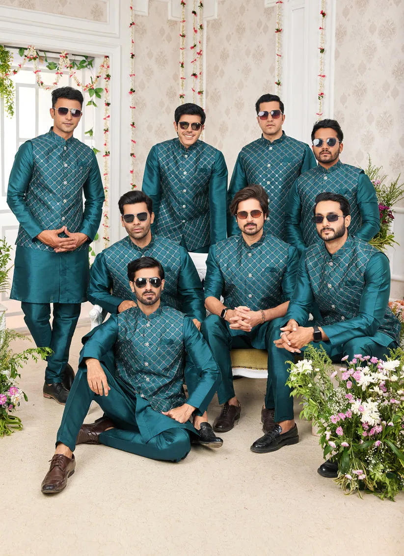 Morpich Art Banarasi Silk Mens Kurta Pajama Set With Jacket