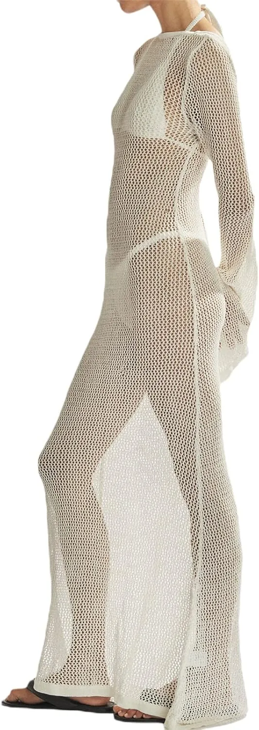 NUFIWI Women Crochet Knitted Long Sleeve Dress Hollow Backless Cover Up Long Dress Ruffle Beach Party Cover Up Dress