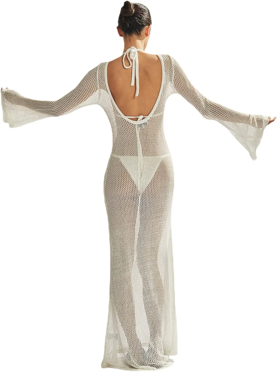 NUFIWI Women Crochet Knitted Long Sleeve Dress Hollow Backless Cover Up Long Dress Ruffle Beach Party Cover Up Dress