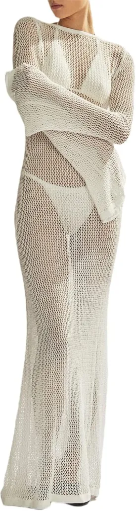 NUFIWI Women Crochet Knitted Long Sleeve Dress Hollow Backless Cover Up Long Dress Ruffle Beach Party Cover Up Dress